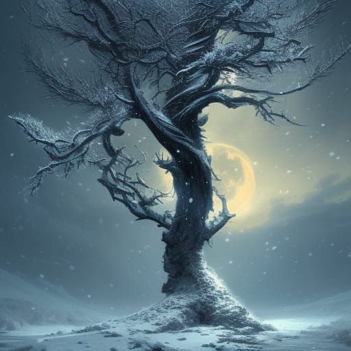 Hyperdetailed Snow Tree Under Bloodmoon, Dark Fantasy Art