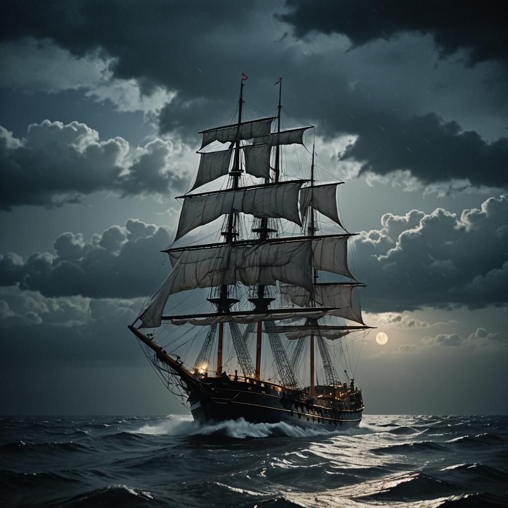 Stormy Ship at Sea Under Full Moon