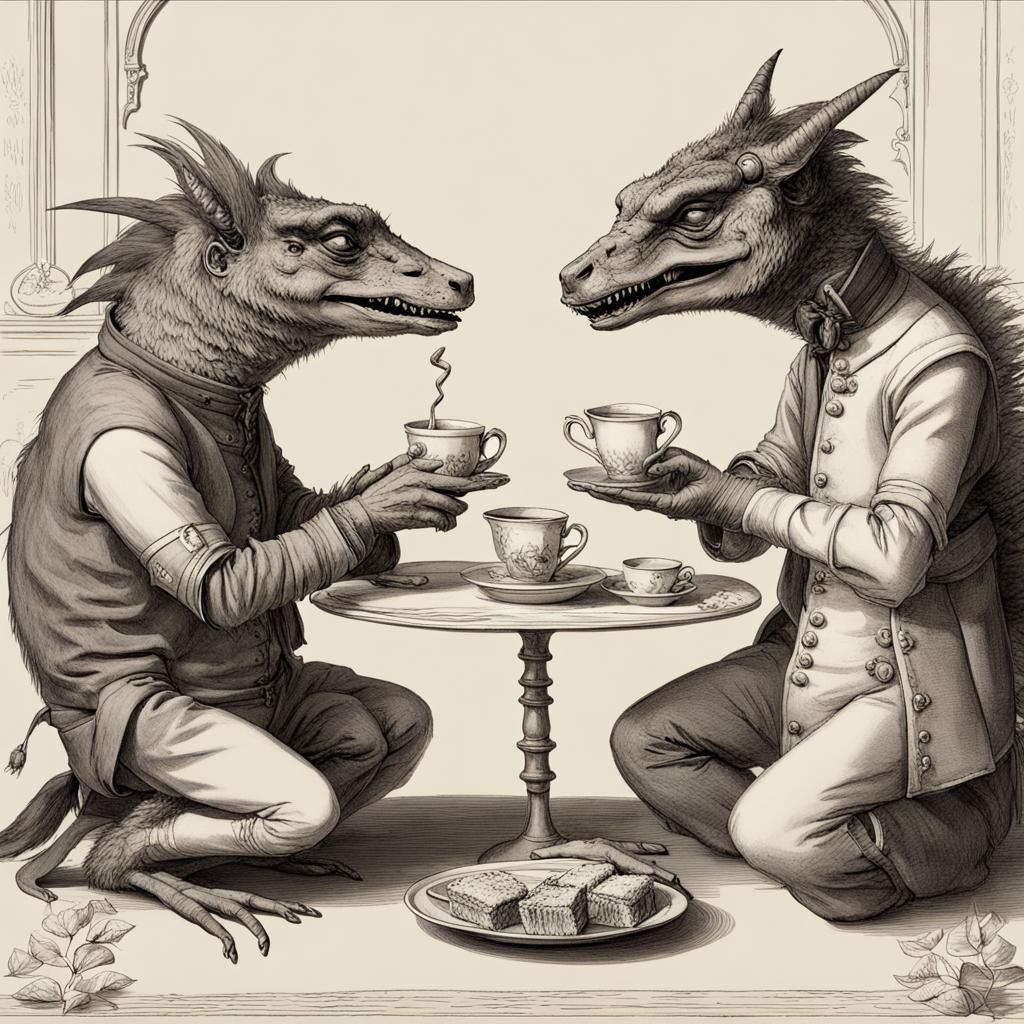 Cù-Sìth and Chupacabra at Tea, in Raphael Style