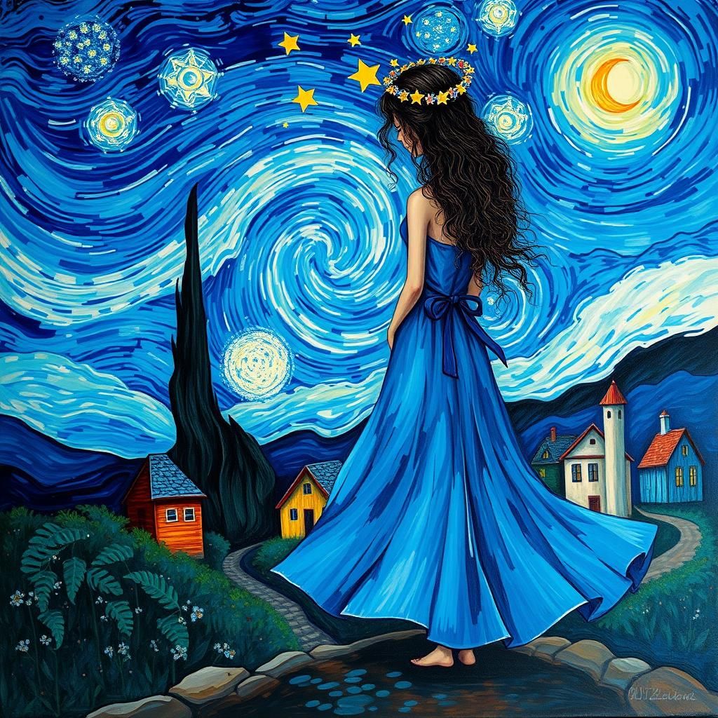 Woman Under Swirling Starry Night Sky