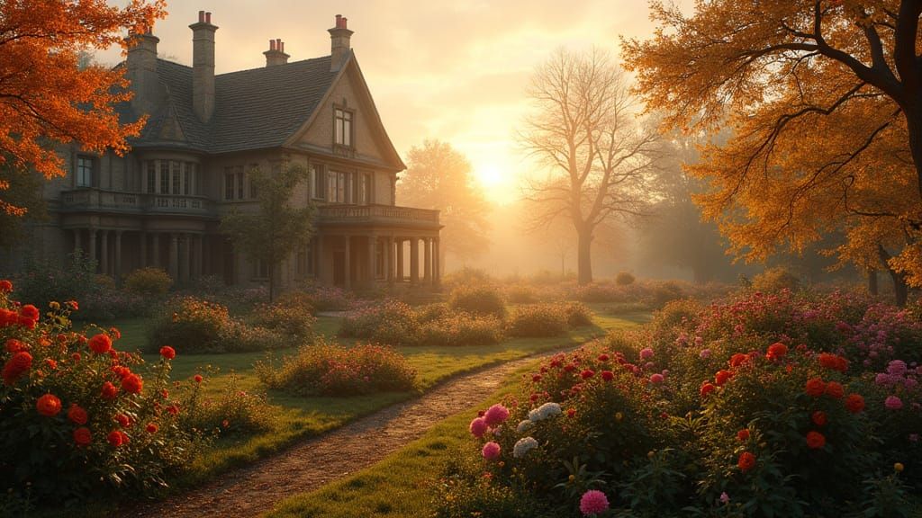 English Country Garden at Dawn, Autumn Colors
