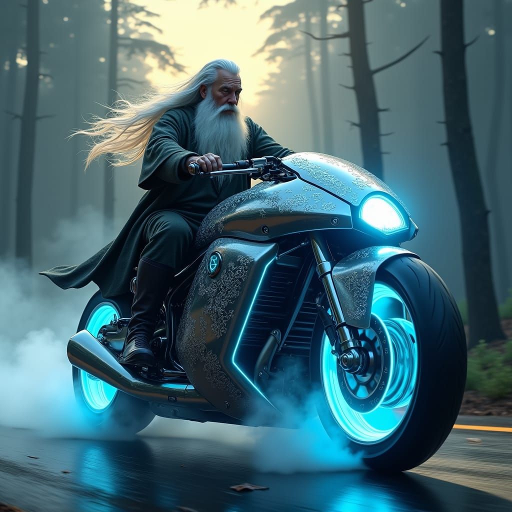 A realistic picture of A wizard riding a futuristic motorcyc...