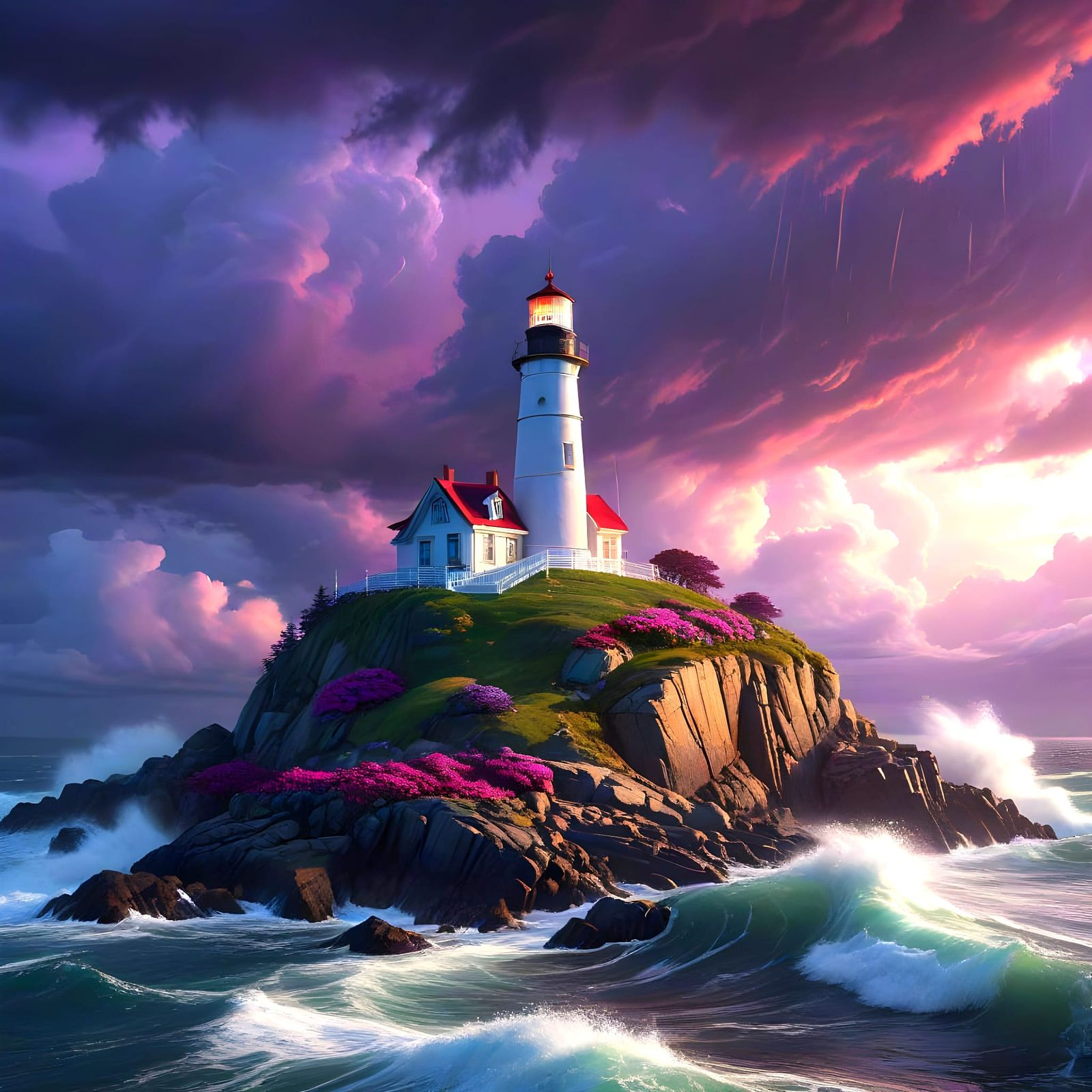 Surreal Stormy Seascape in Maine with Epic White Lighthouse