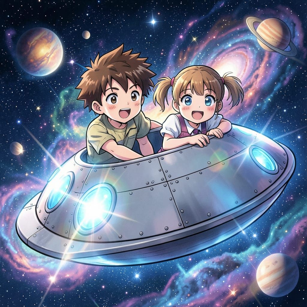 Children Pilot Retro Flying Saucer Through Starry Sky