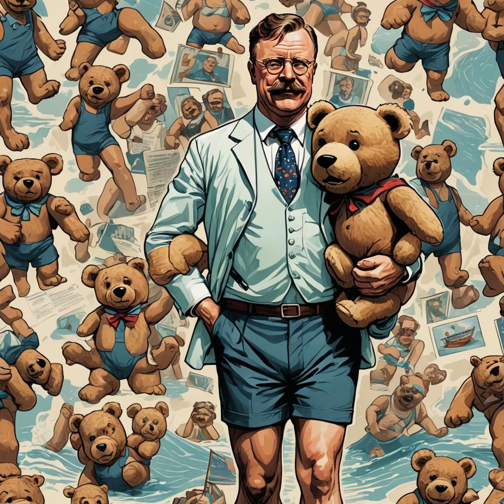 Teddy Roosevelt Caricature with Teddy Bear in Comic Style