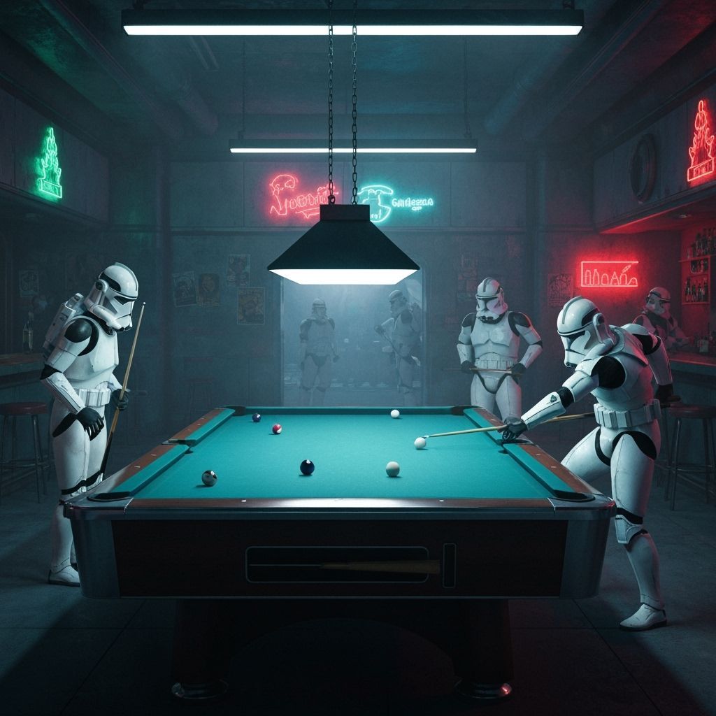 Clone Troopers Playing Pool in Neon Sci-Fi Bar