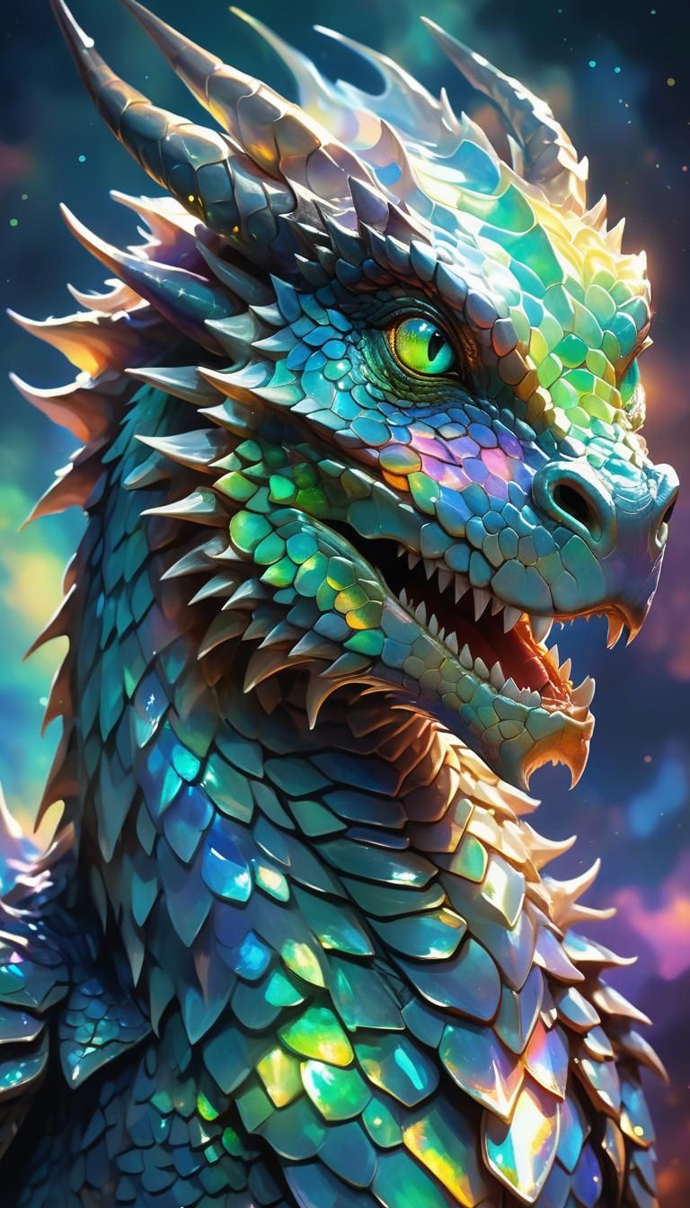 Opal Dragon Glimmering in Moonlight: Digital Art