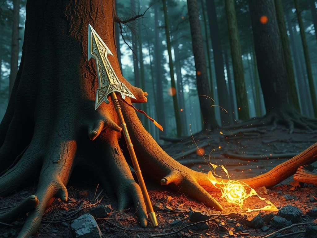 Glowing Spear in Ruined Forest: Art Nouveau Style