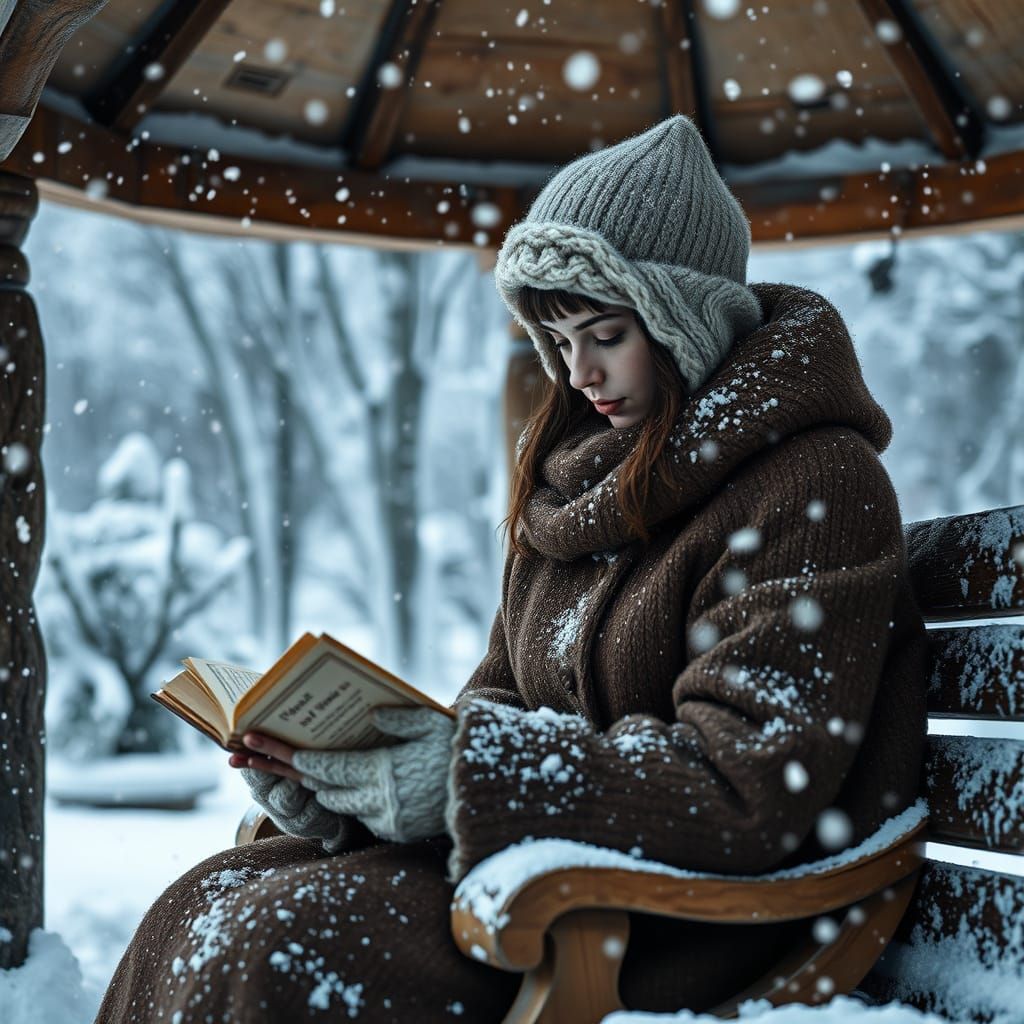 Snow Queen Reads Under a Snowy Gazebo in a Cinematic Winter ...