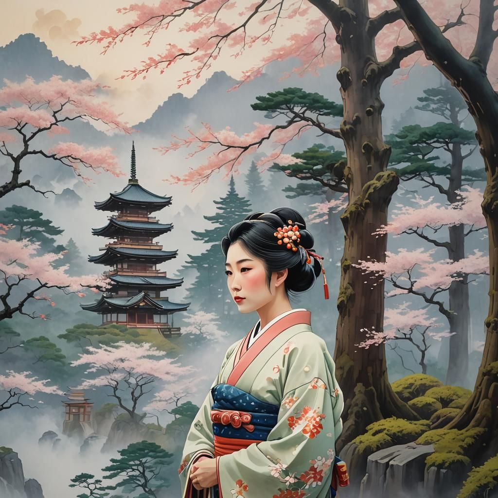 Ukiyo-e Style: Woman at Japanese Temple