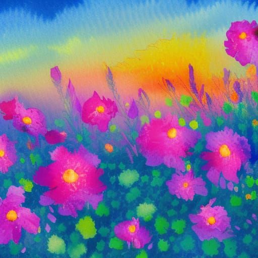 Pink Sunset Flowers in Gouache Impressionist Style