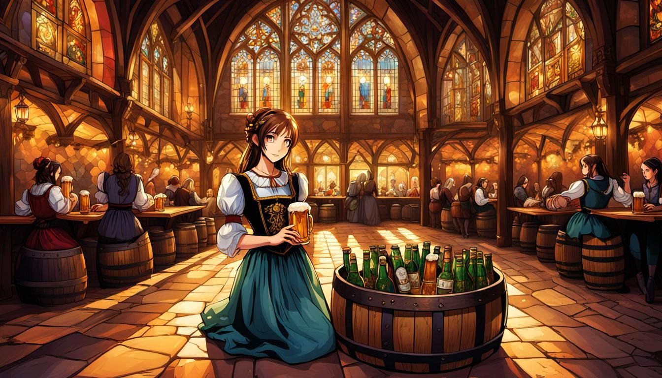 Medieval Restaurant Scene with Waitresses in Anime Style