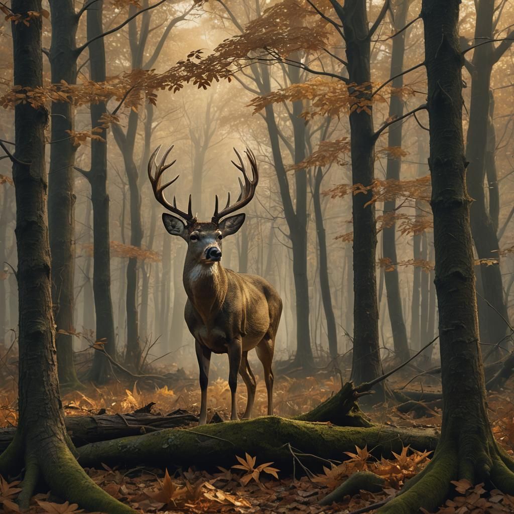 Six-Point Buck in Autumnal Forest: Matte Painting