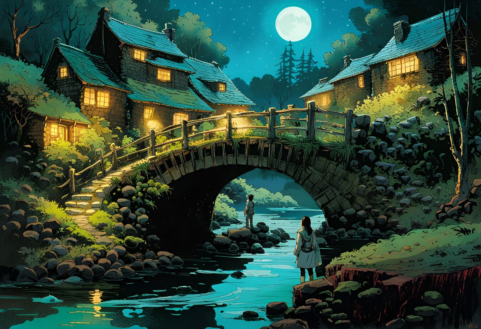 Woman Under Mossy Bridge at Night