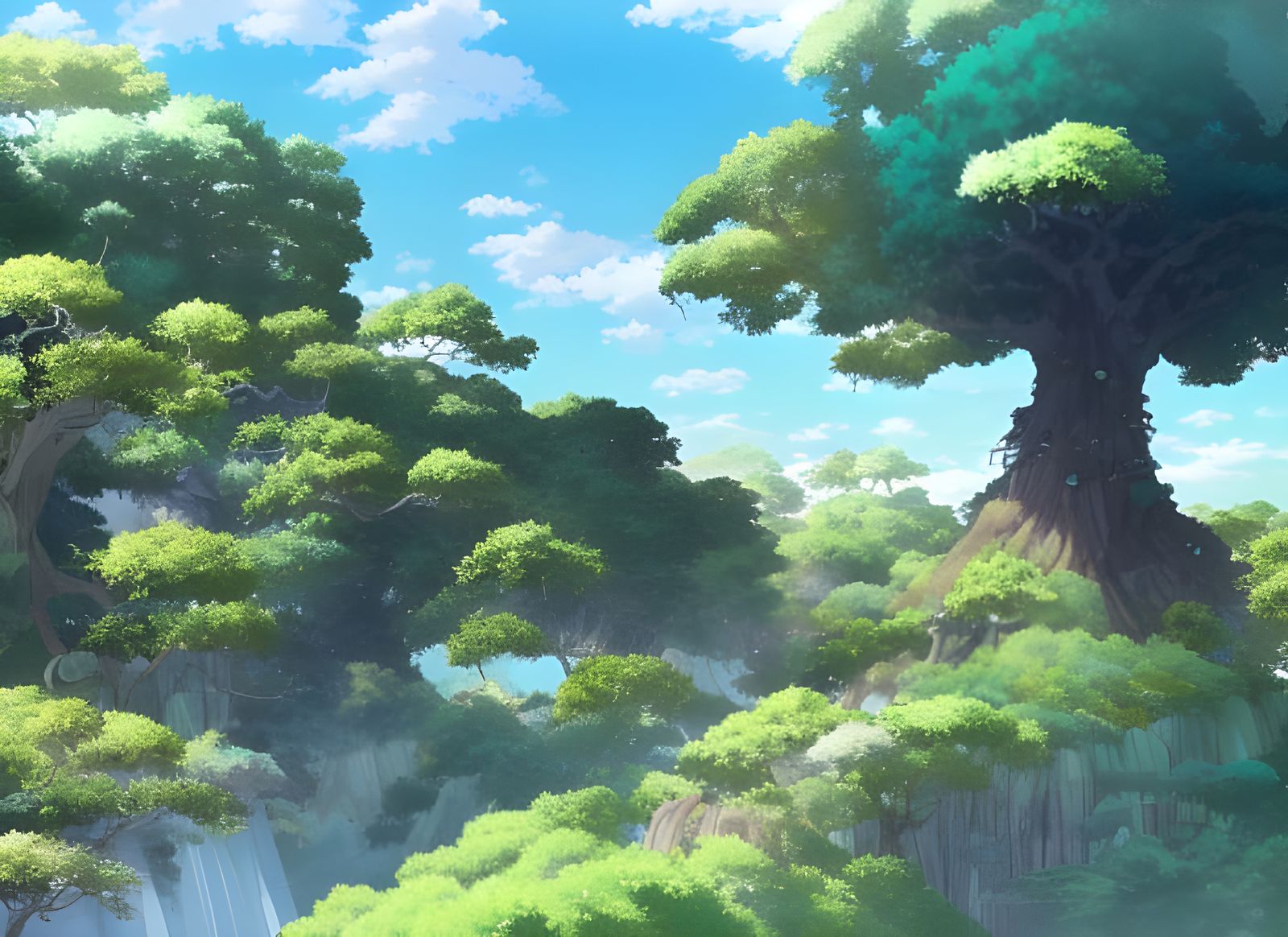 Anime Plains with Magical Treehouses: Ghibli Style