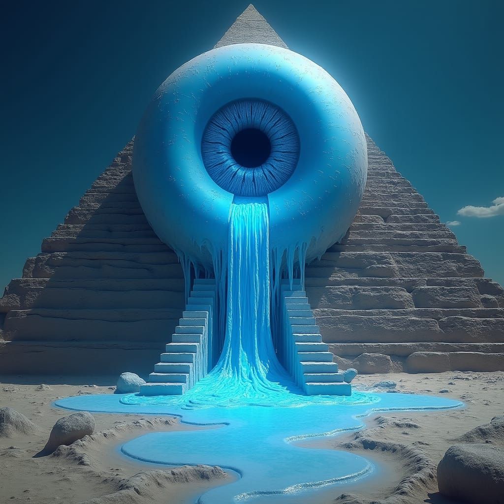 Melting Crystalline Eye on Ancient Pyramid in Surreal Style