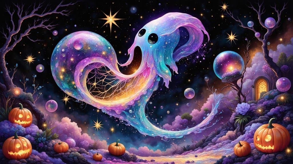 Chibi Ghost Catches Stars in Iridescent Bubble Net