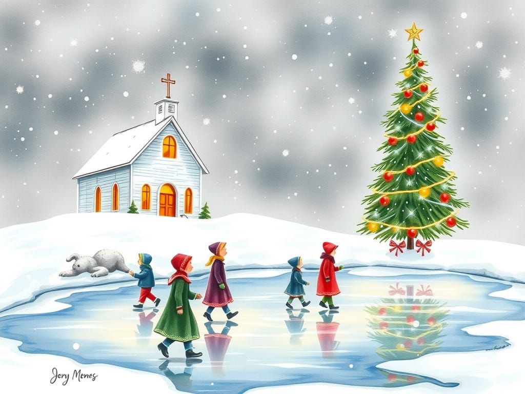 Watercolor Church in Snowy Winter Wonderland