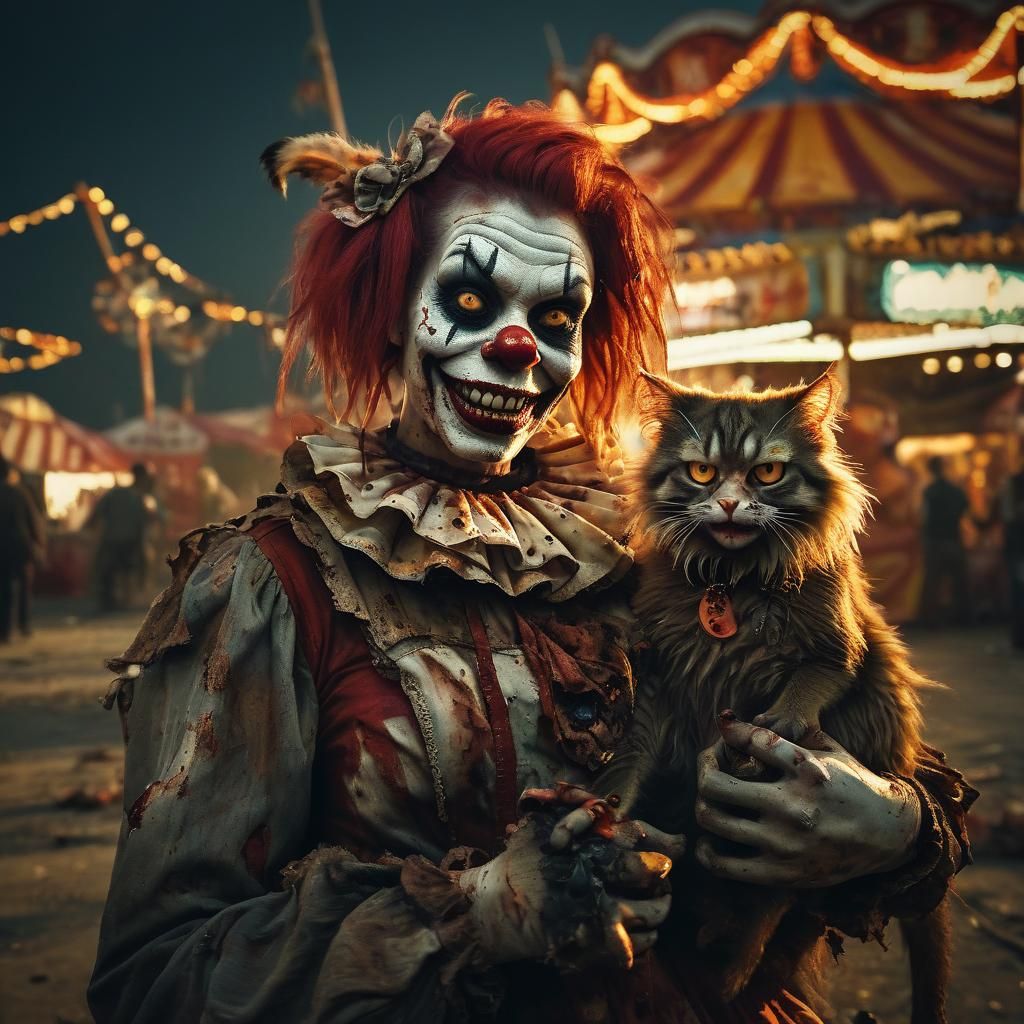 Surreal Carnival Horror Scene of Zombie Monkey Monster and C...