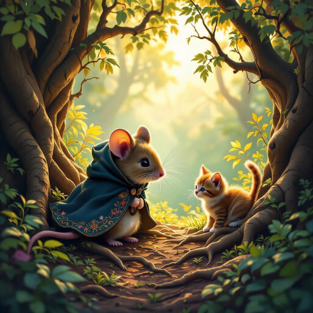 Cute Mouse Hiding in Whimsical Forest Art