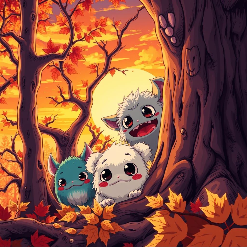 Adorable Monsters Emerge from Autumn Forest in Vibrant Anime...