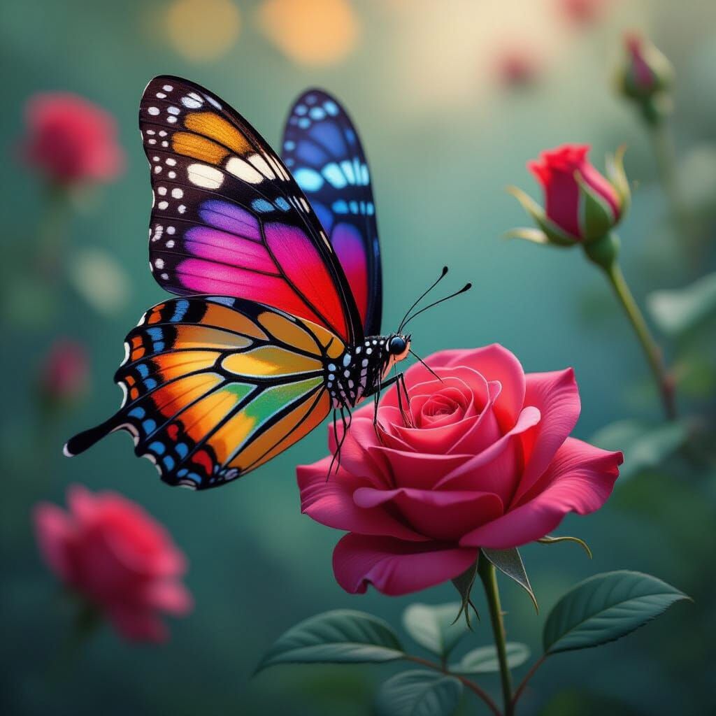 Vibrant Butterfly Kisses Red Rose in Fantasy Matte Painting
