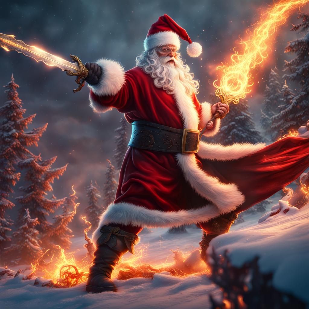 Santa Claus Battles Grinch with Flaming Sword
