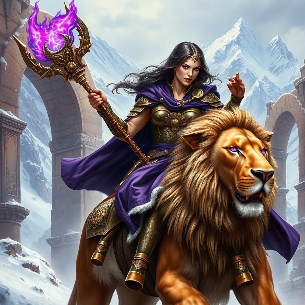 Epic Fantasy Scene of Fearless Female Warrior and Majestic L...