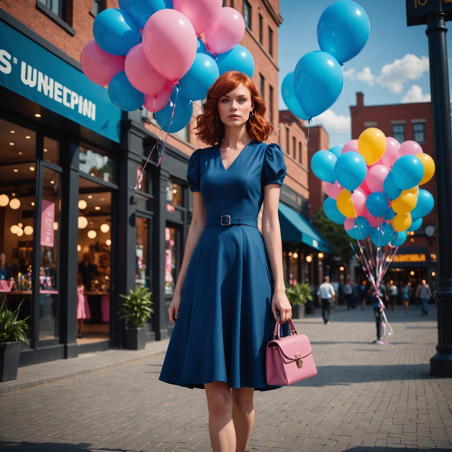 Woman in Blue Dress Posing with Pink Balloon Outside Mall