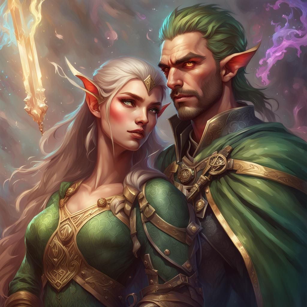 Sensual Elf Couple Portrait in D&D Style