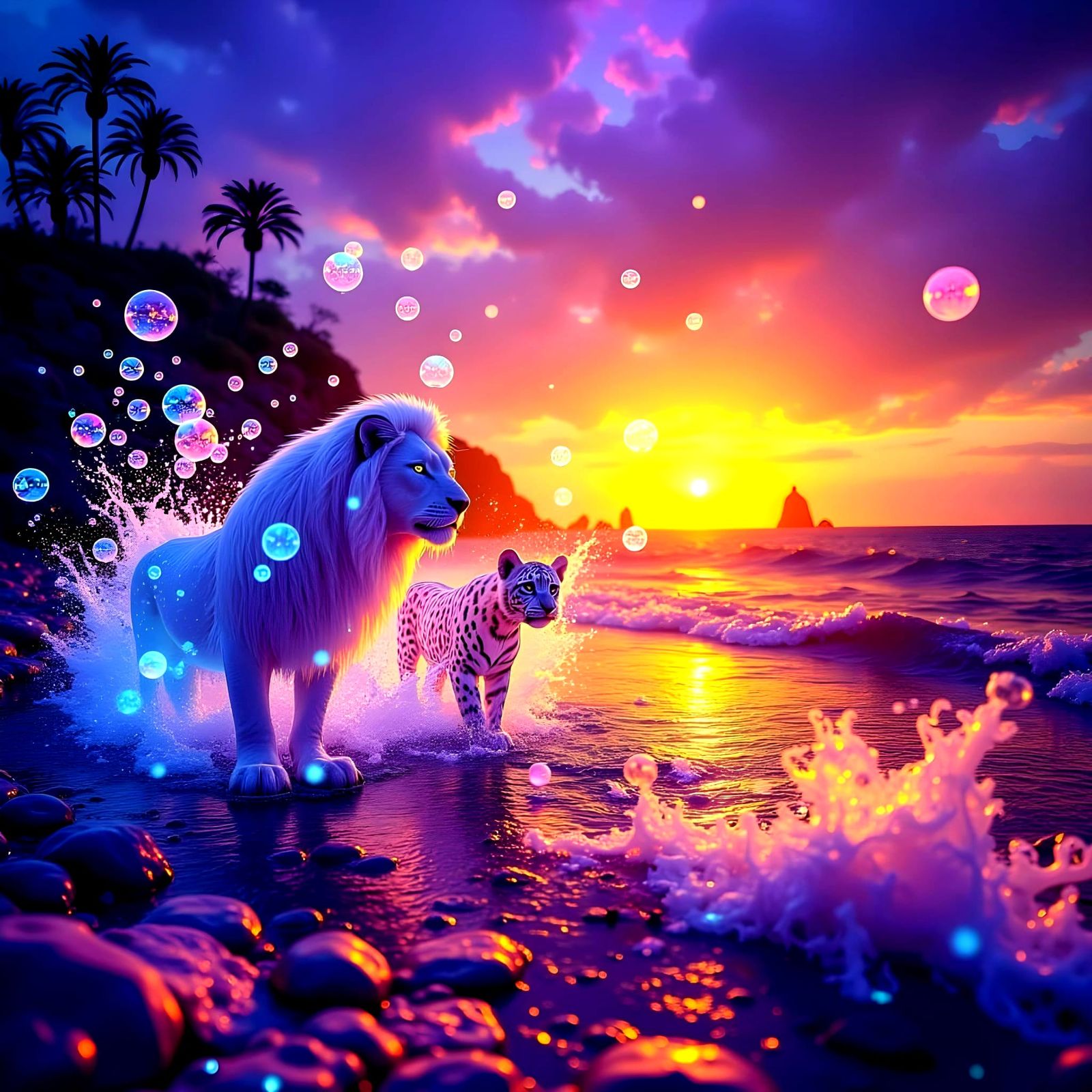 Vibrant Beach Scene with Big Cats and Soap Bubbles