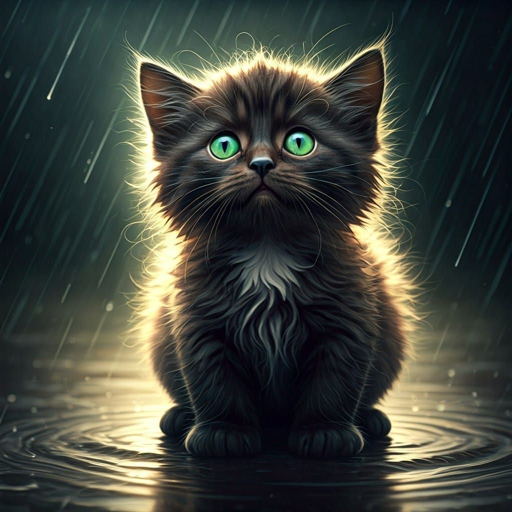 Drenched Kitten in Rainstorm, Cinematic Style