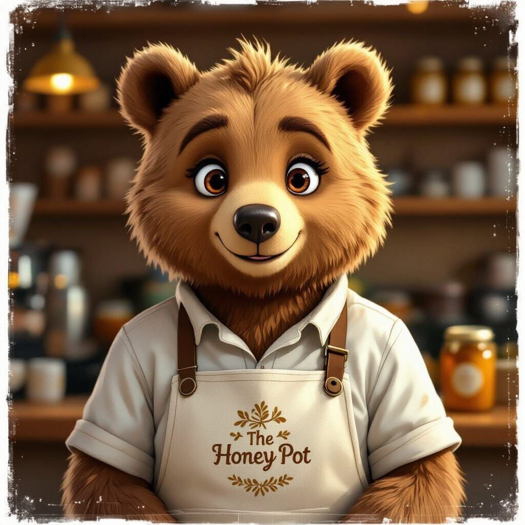 Anthropomorphic Bear Barista in Cozy Honey Pot Cafe