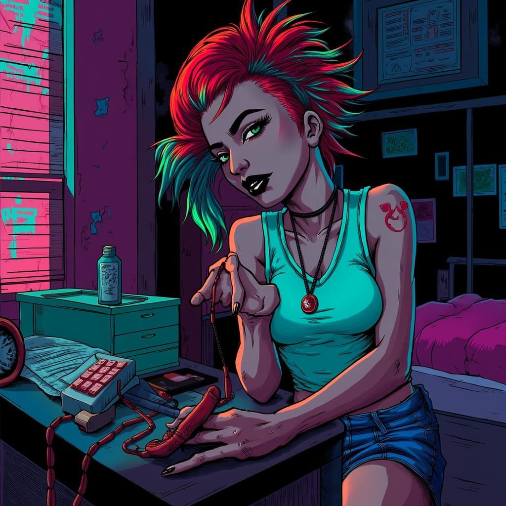 Neo-Noir Punk Rock Woman with Hotline