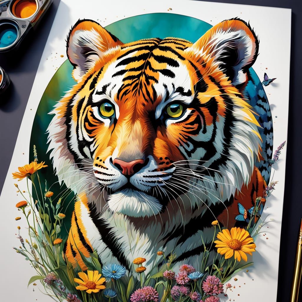 Vibrant Sunset Tiger Cub in a Wildflower Garden