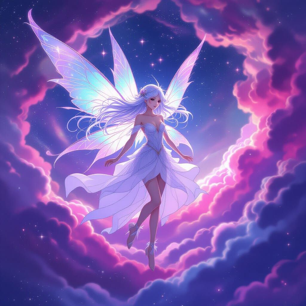Anime Fairy in Cosmic Nebula Art Nouveau Style