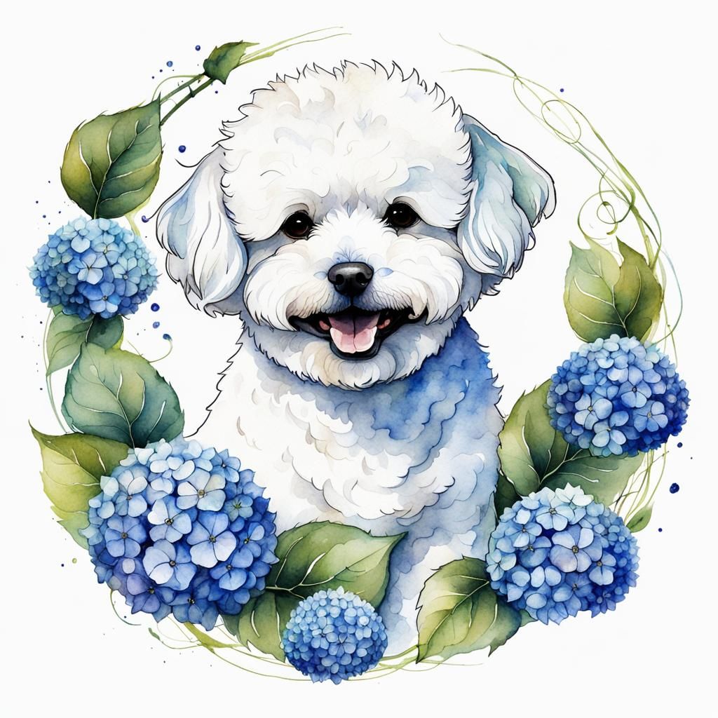 Smiling Bichon Frise in Watercolor Hydrangea Spiral