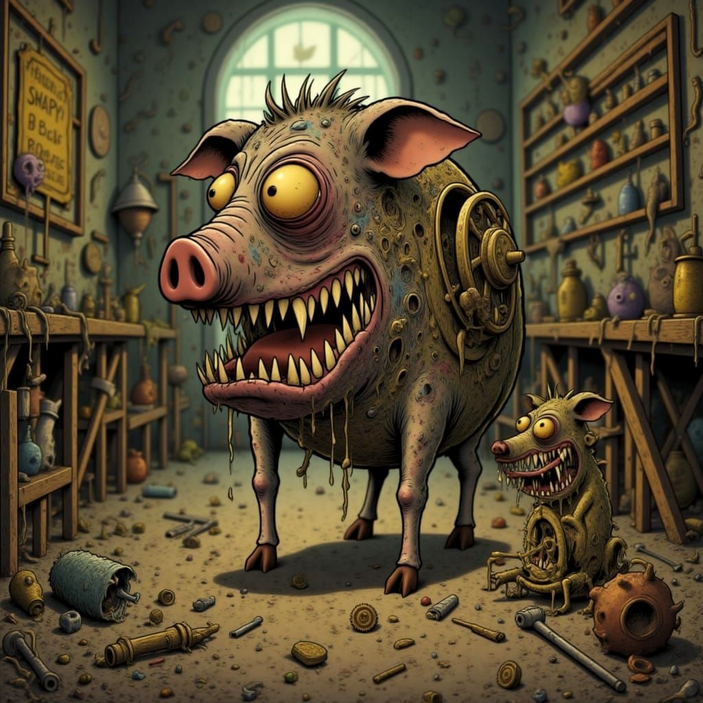 Mechanical Pig Man Concept Art on Workbench