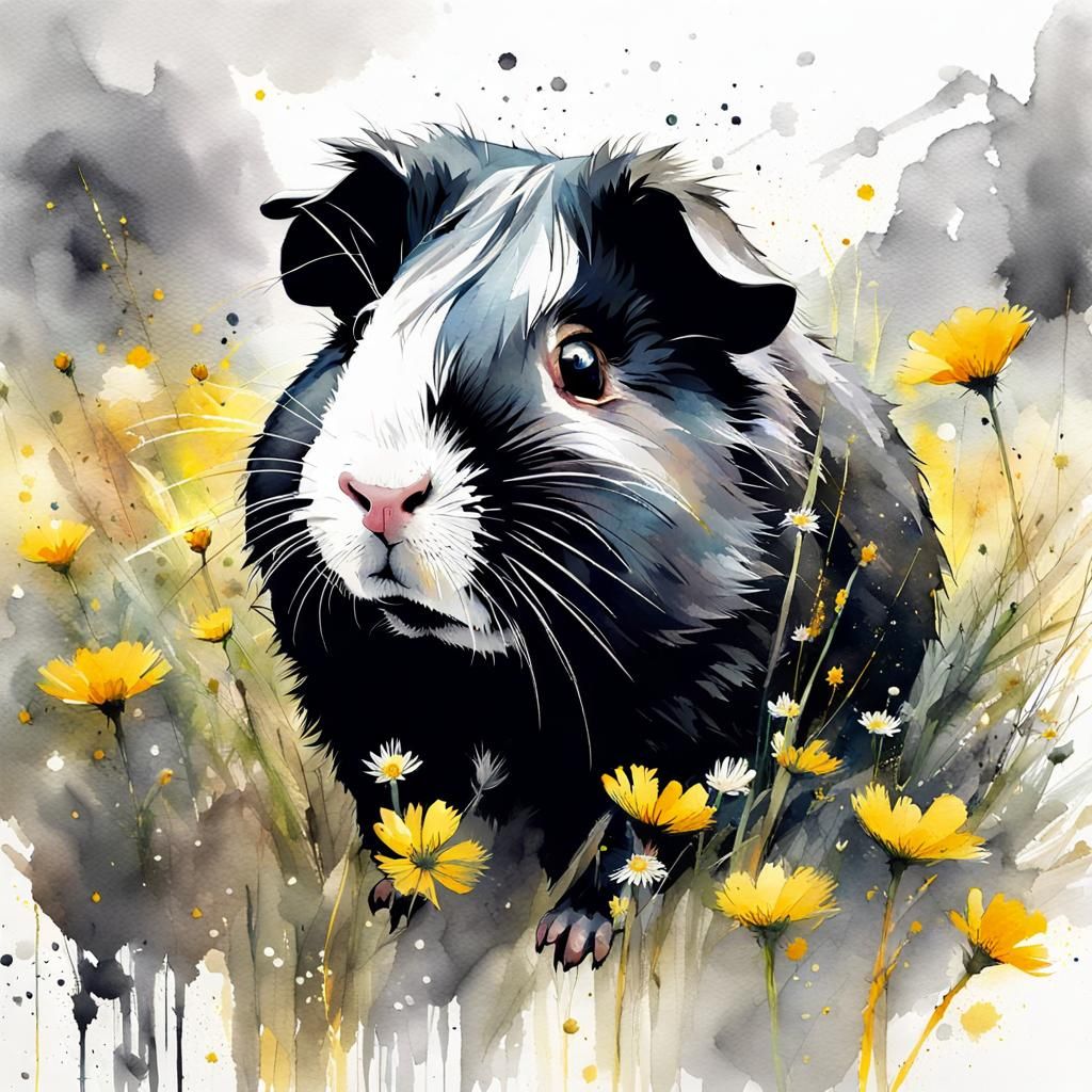 Guinea Pig in Watercolor with Flowers