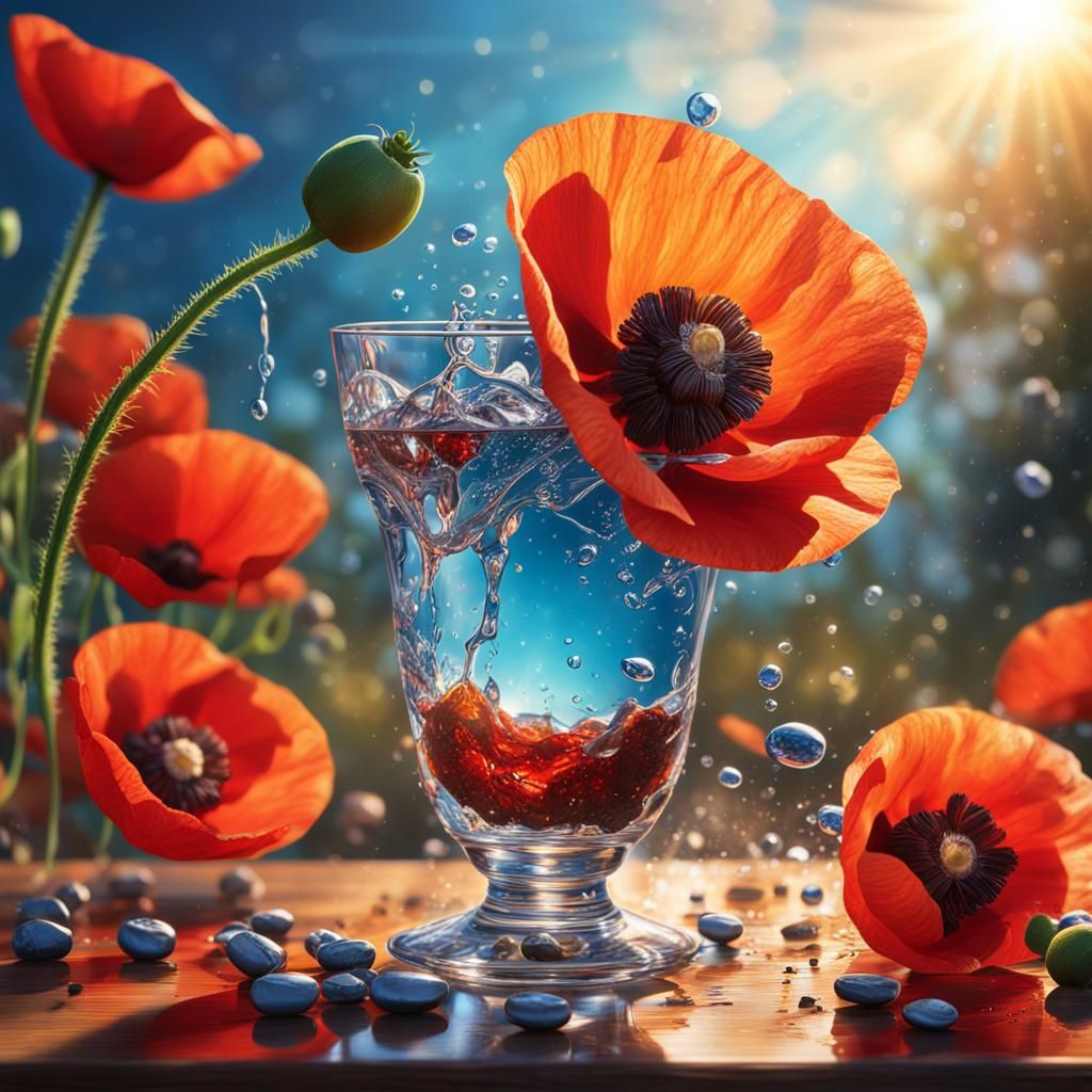 Hyperrealistic Poppy with Coffee Beans in Splash Art