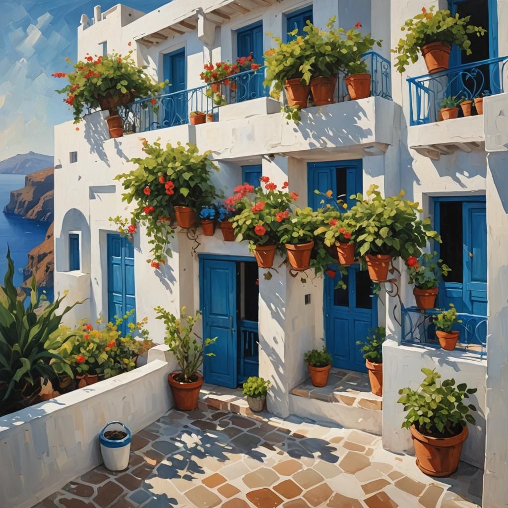 Balcony Garden in Santorini as Impasto Painting