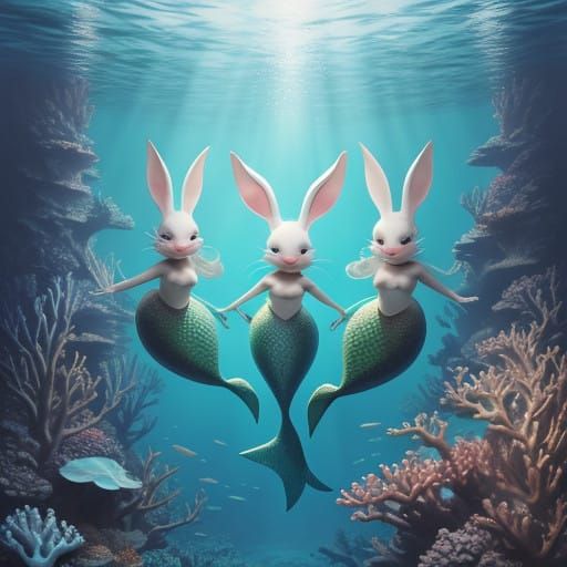 Mythical Mermaid Bunnies Explore Enchanted Underwater Metrop...