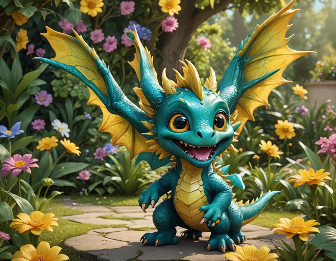 cartoon CGI amazingly cute teal baby dragon with wings and h...
