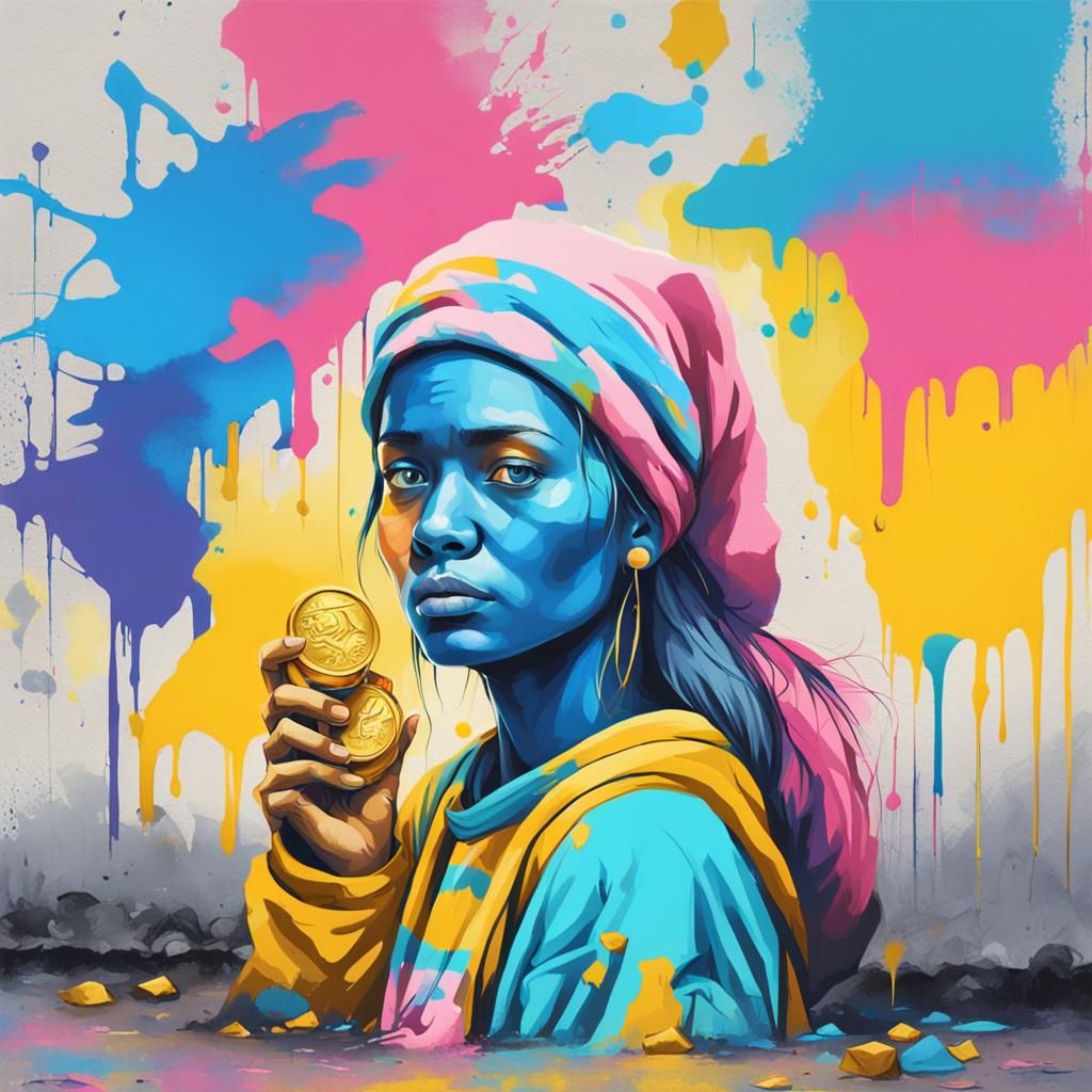 Abstract painting of beautiful woman holding coins.