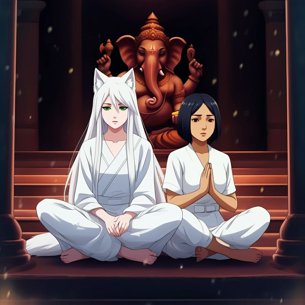 Women Praying at Ganesha Temple in Anime Style