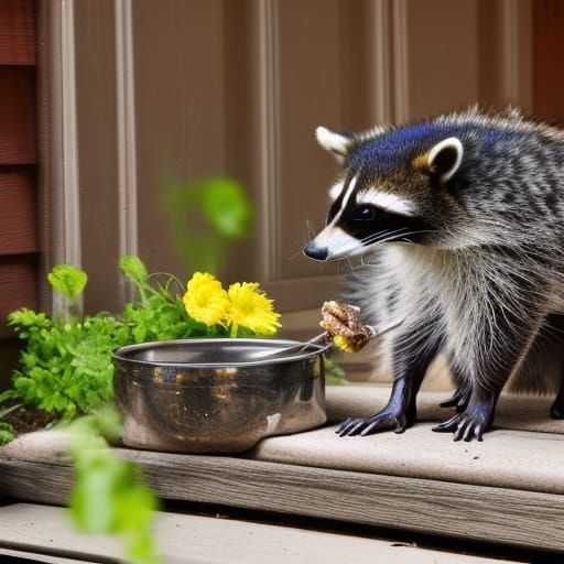 Raccoons Foraging on a Countryside Porch