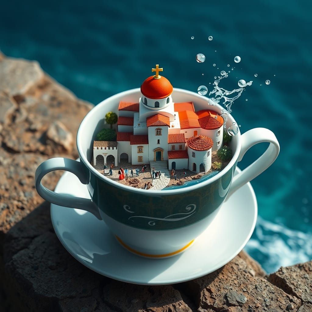 Greek Village Unfolds in Teacup: 3D Render