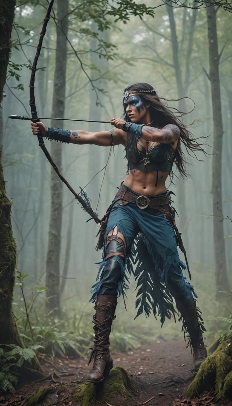 Mystical Huntress in Foggy Forest: Cinematic Photograph