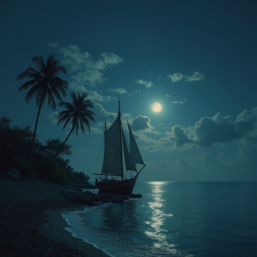 Moonlit Ship on Tropical Sea: Romantic Seascape