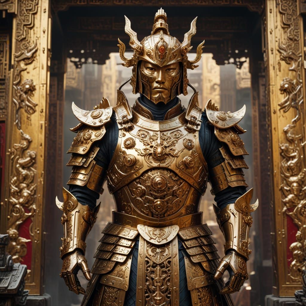 Giant Golden Mech in Chinese Armor, Comic Book Style